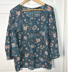 Papermoon Women's Blouse Blue 3/4 Sleeve Floral  Top XXL Chiffon Cottagecore